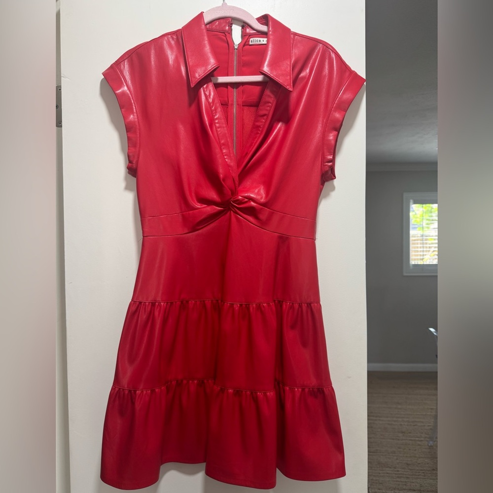 Alice + Olivia Red Faux-Leather Knot-Front Mini Dress